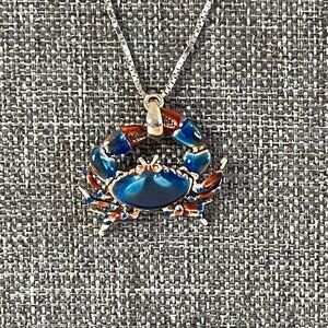 925 Sterling Silver Blue Stone Crab Claw Pendant Necklace 11” w Adjustable Chain